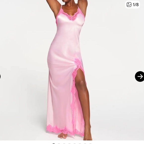 Skims Woven Shine Pink Lace Trim Satin maxi dress